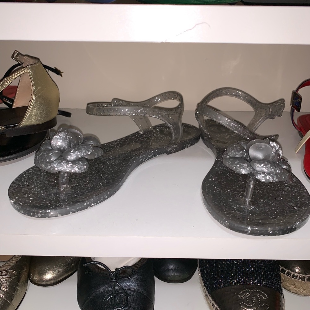 Chanel Silver Glitter Jelly Flip Flops Size 36